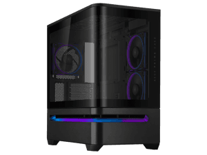 ASUS Prime AP202 ARGB Black mATX case with fully tempered curved glass, supports graphics cards up to 420mm long, 360mm long radiators, easy-detach rail, patented slot vent, built-in three ARGB fans