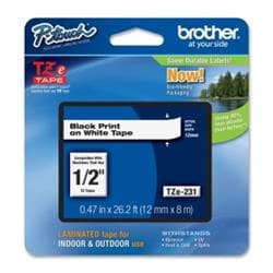 BROTHER TZE231 Laminated Tape 1/2" Black on White for P-Touch