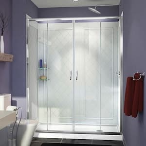 Visions 36 in. D x 60 in. W x 76.75 in. H Alcove Shower Kit with Wall Surround, Two Glass Shelves, White Acrylic Base, Right Drain & Clear Glass Sliding Door in Chrome