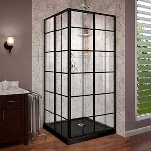 36 in. L x 36 in. W x 74.75 in. H Square Corner Shower Kit Enclosure with Black Acrylic Base, Corner Drain & Sliding French Door in Matte Black (No Shower Wall)