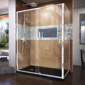 Flex 36 in. D x 60 in. W x 74.75 in. H Corner Shower Kit Enclosure with Black Acrylic Base, Left Drain & Clear Glass Pivot Door in Chrome (No Shower Wall)