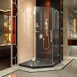 Prism Lux 42 in. D x 42 in. W x 74.75 in. H Neo-Angle Corner Shower Kit Enclosure with Black Base, Corner Drain & Clear Glass Pivot Door in Chrome (No Shower Wall)