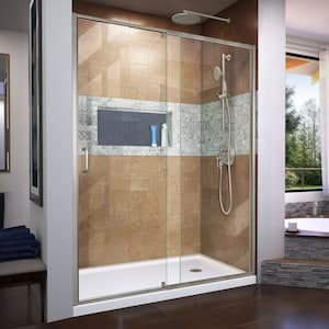 Flex 30 in. D x 60 in. W x 74.75 in. H Alcove Shower Kit with White Acrylic Base, Right Drain & Clear Glass Pivot Door in Brushed Nickel (No Shower Wall)