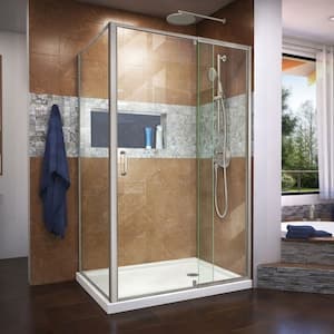 Flex 36 in. D x 48 in. W x 74.75 in. H Corner Shower Kit Enclosure with White Acrylic Base, Right Drain & Clear Glass Pivot Door in Brushed Nickel (No Shower Wall)