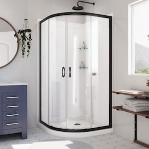 Prime 36 in. D x 36 in. W x 76.75 in. H Neo-Round Corner Shower Kit Enclosure with Wall Surround, Two Glass Shelves, Corner Drain Base & Clear Glass Sliding Door in Matte Black