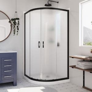 Prime 36 in. D x 36 in. W x 76.75 in. H Neo-Round Corner Shower Kit Enclosure with Wall Surround, Two Glass Shelves, Corner Drain Base & Frosted Glass Sliding Door in Matte Black