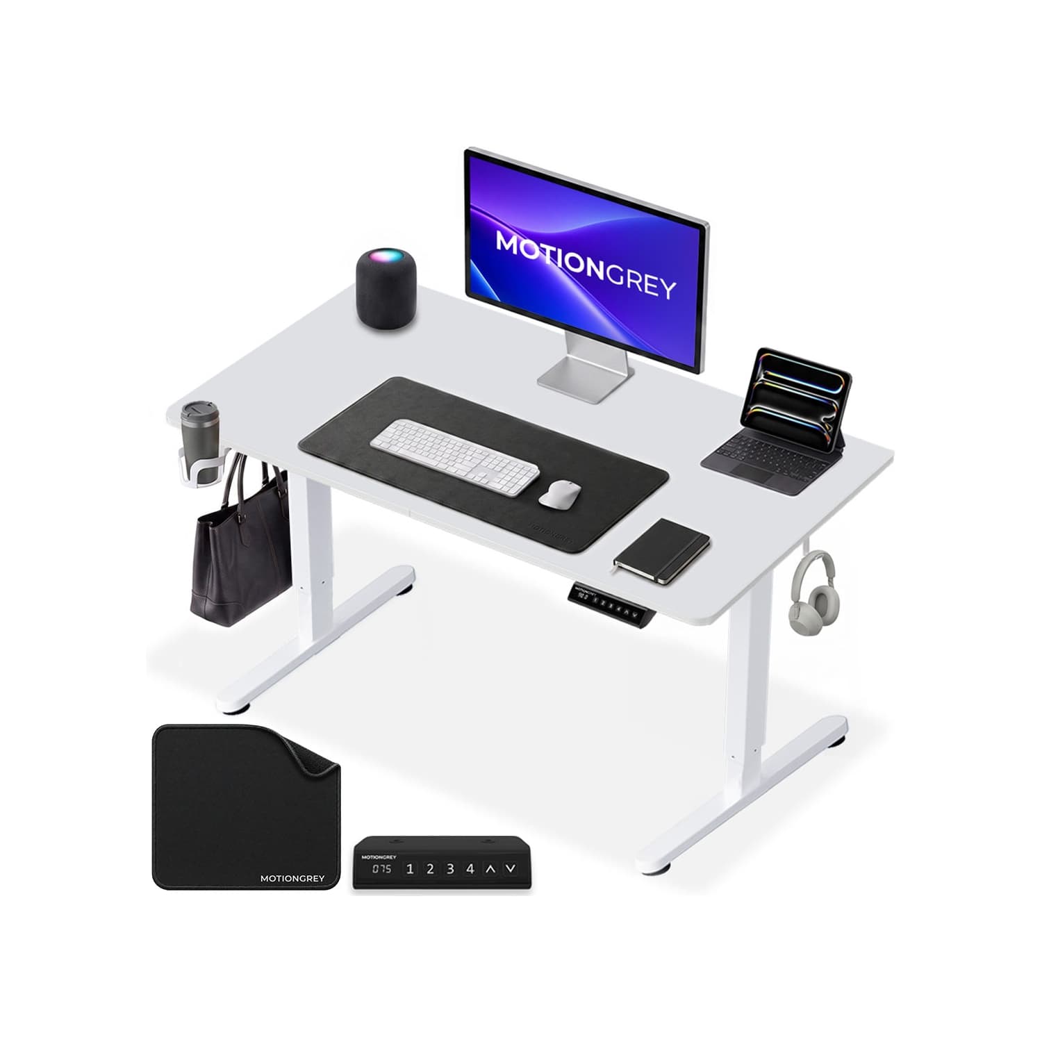 MotionGrey 2026 Ergo2 - Adjustable Electric Standing Desk, Memory Settings, 43”x 24”, Ergonomic Home Office Desk, Cup Holder & Hook - White Top White Frame