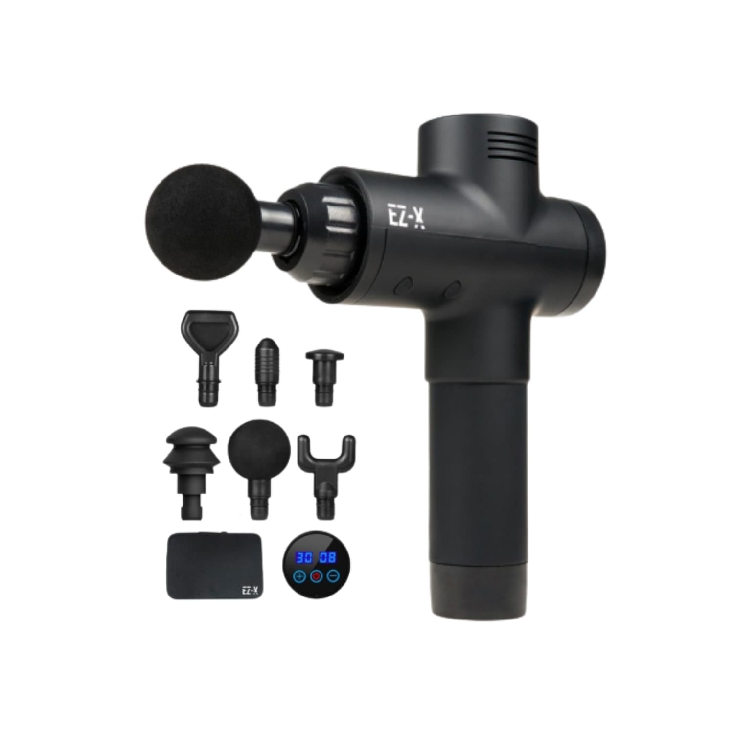 EZ-X Premium Percussion Massage Gun - 30 Speeds - 6 Heads - Extra Quiet - Extra Power - Portable Handheld Deep Tissue Massager Pain Relief - Black [with Carrying Case]