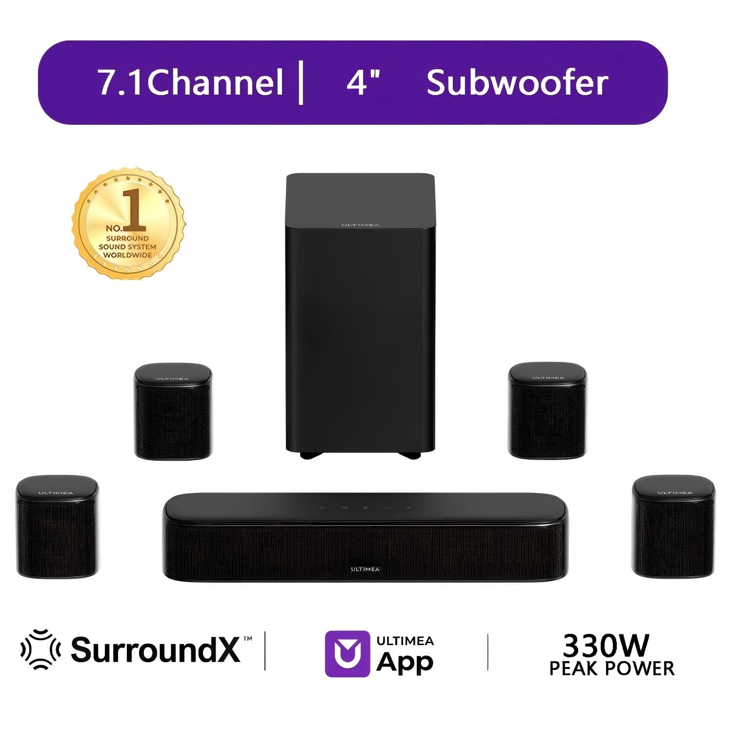 Refurbished(Good) - Barre de son à son surround virtuel 7.1ch ULTIMEA, barre de son pour téléviseur intelligent avec 4 haut-parleurs surround, puissance de pointe 330W, système de son surround pour téléviseur, contrôle par application, Aura A40
