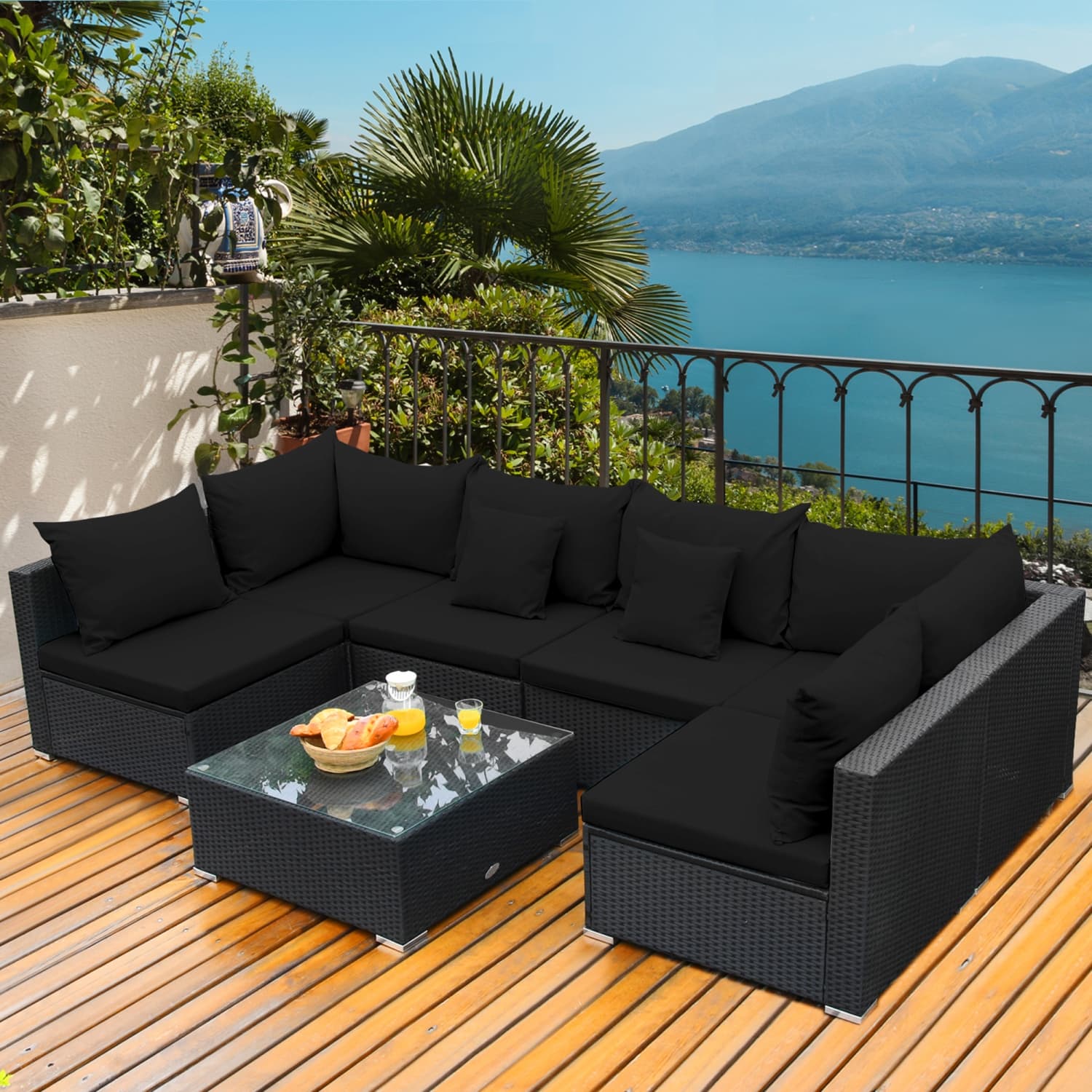 Gymax 7PCS Ensemble de conversation de patio en rotin, ensemble de meubles modulaires avec coussin noir