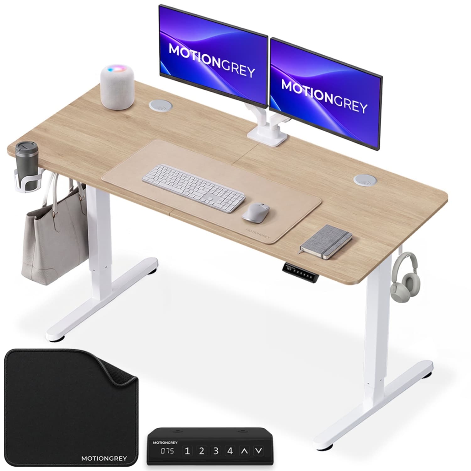 MotionGrey Ergo2 Adjustable Electric Standing Desk 4 Memory Settings 55" x 24" Light Brown Top White Frame - Ergonomic Desk for Home and Office - With Cup Holder, Hook & Mousepad