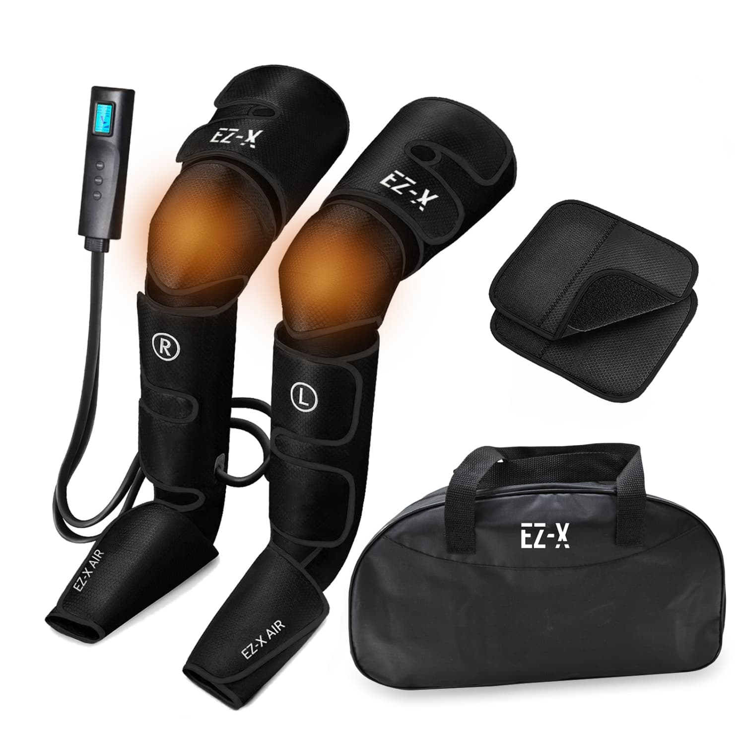 EZ-X Premium Air Compression Leg Sleeves with Knee Heat - Adjustable Size [With Carrying Bag]- Black