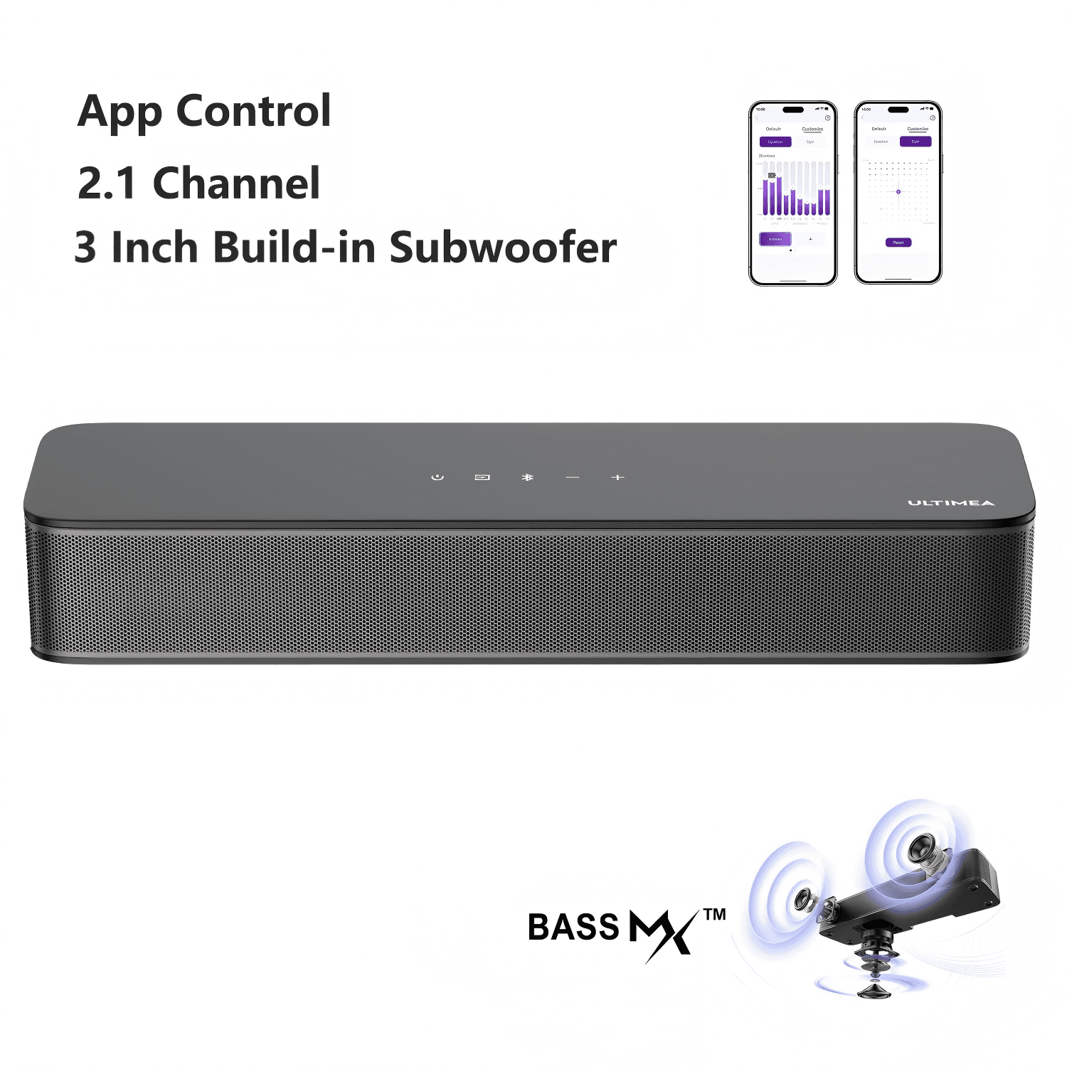 ULTIMEA 2.1ch Sound Bar for TV, Built-in Subwoofer, 132W Peak Power, App Control, 16" Bluetooth 5.4 Soundbar, All-in-One PC/TV Speaker, Opt/AUX, Wall Mount, Poseidon M20 Pro