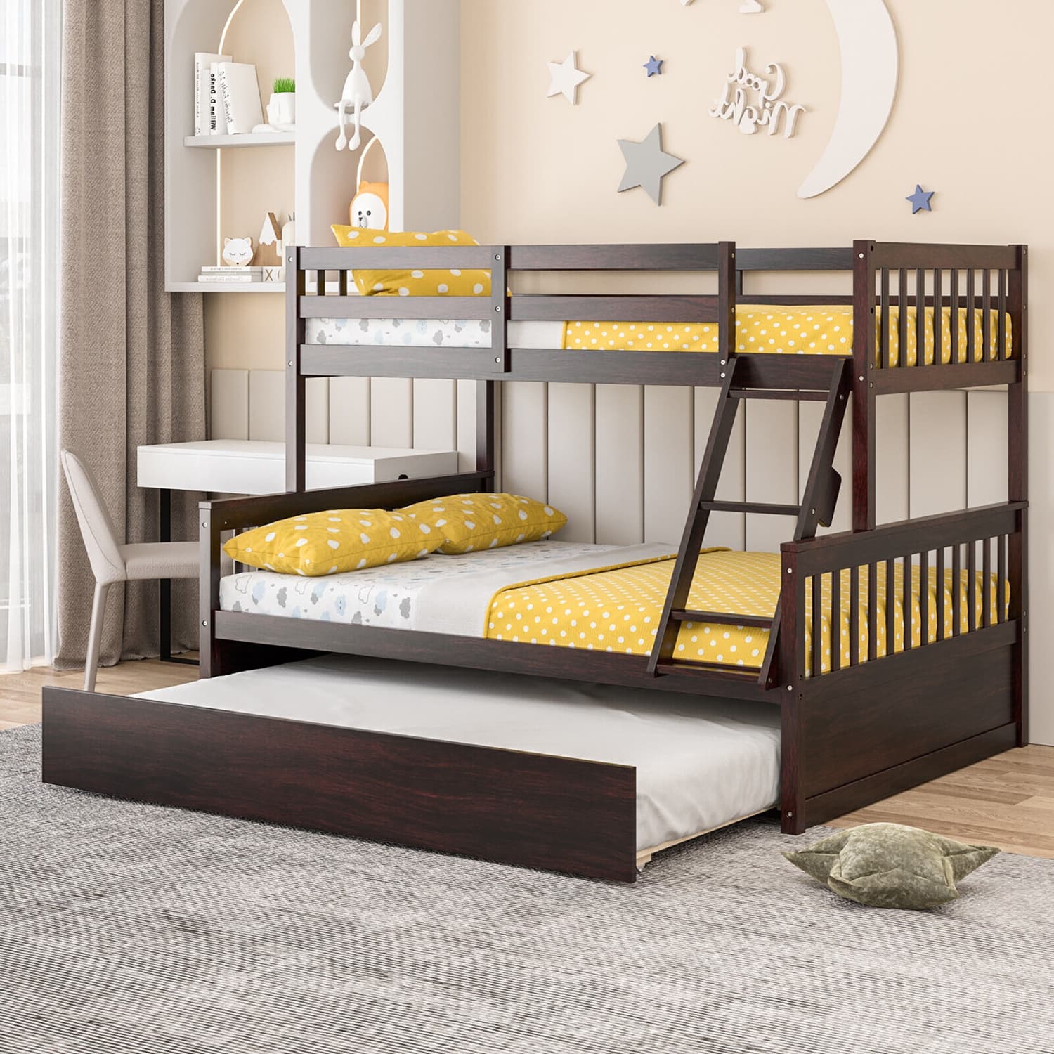 Gymax Twin Over Full Bunk Bed with Twin Trundle Convertible Platform Bed
