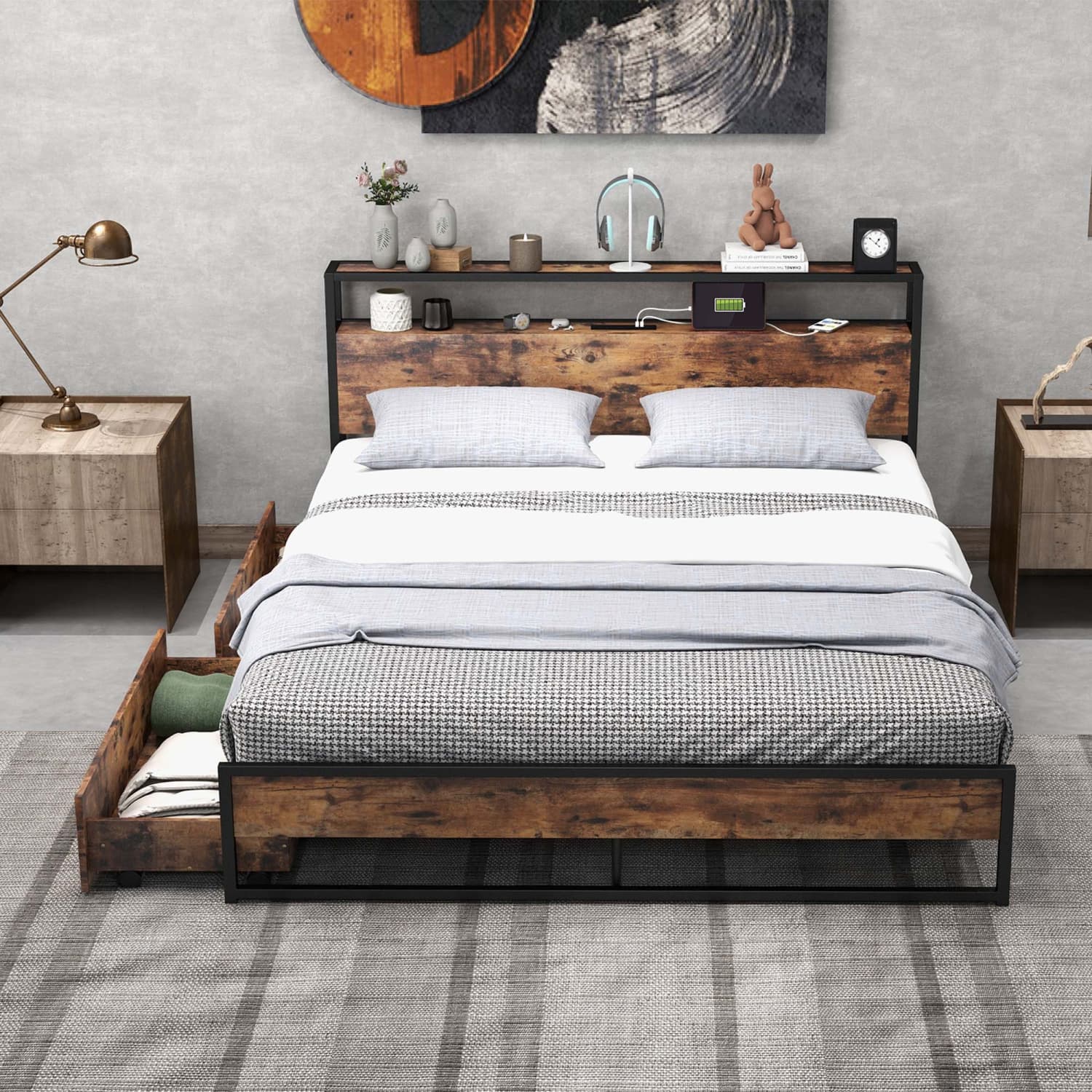 Costway Full/Queen Industrial Platform Bed Frame with Drawer Storage Headboard Charging Station