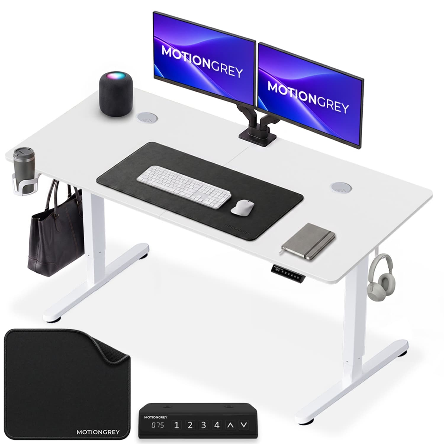 MotionGrey Ergo2 Adjustable Electric Standing Desk 4 Memory Settings 55" x 24" White Top White Frame - Ergonomic Desk for Home and Office - With Cup Holder, Hook & Mousepad