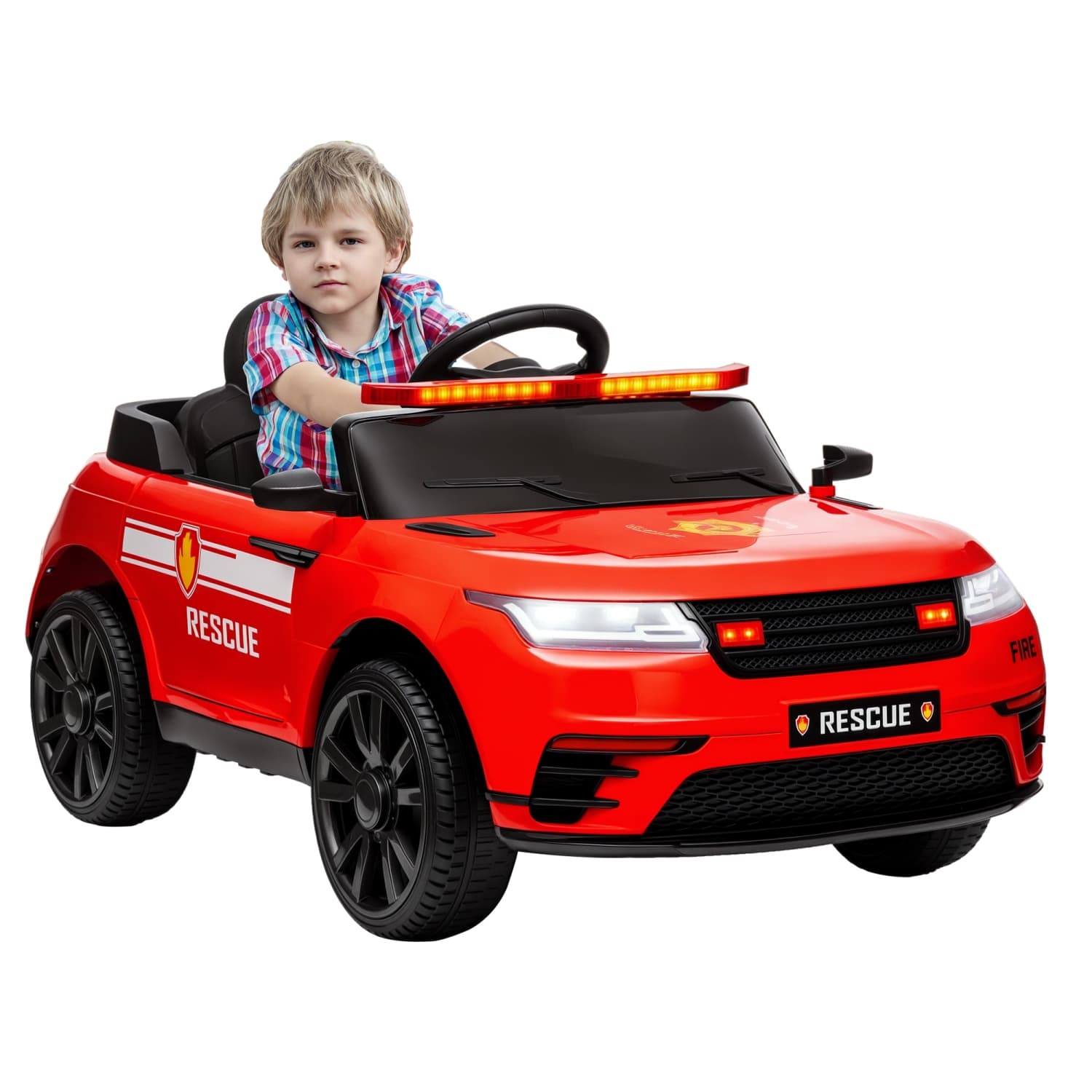 Qaba 12V 7Ah Battery Electric Car for Kids, Fire Fighting Ride on Car with Siren, Remote Control, 4 Spring Suspension Wheels, Transport Wheel, Music, Light, Horn, Red