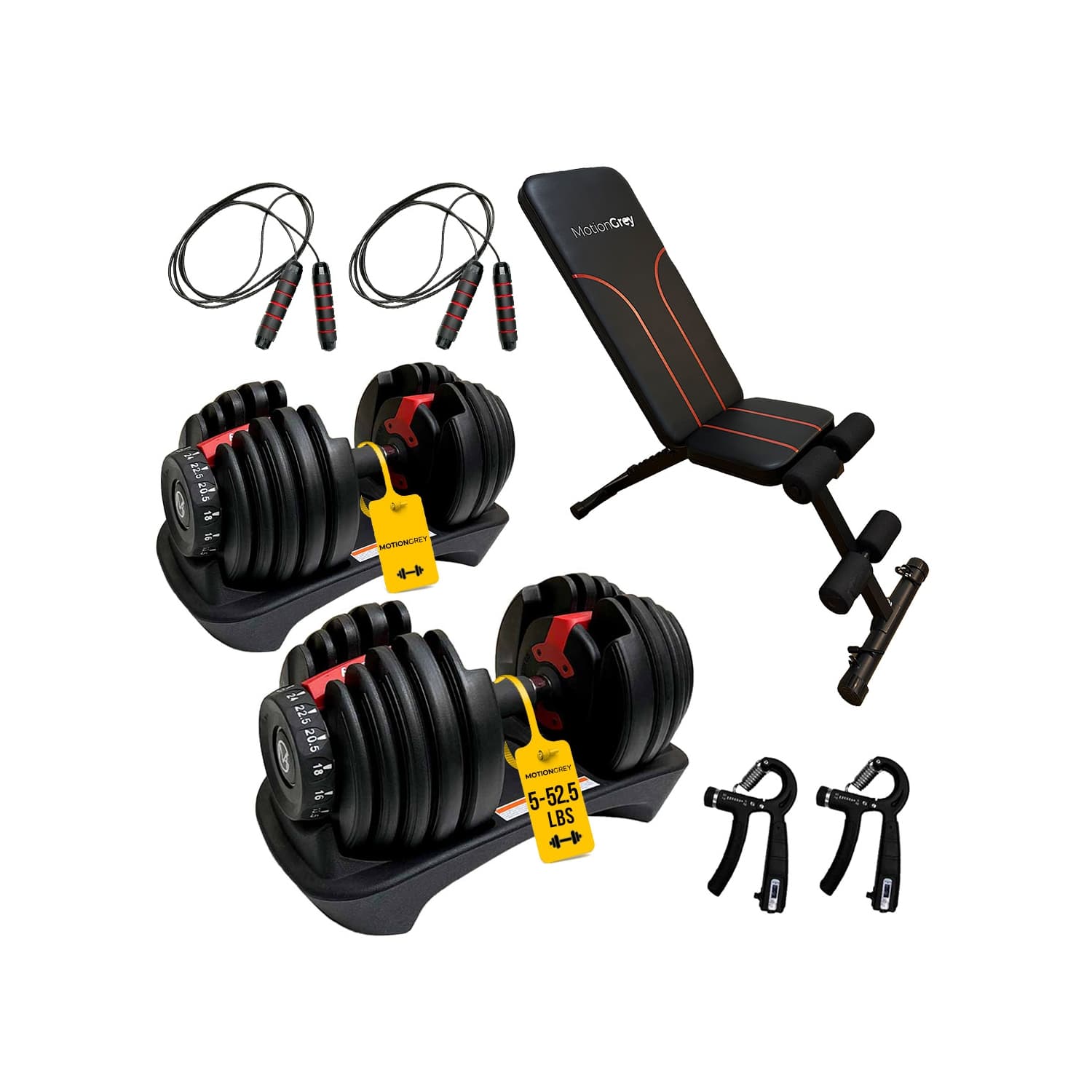 MotionGrey Adjustable Dumbbells 5-52.5 LB with High Strength Hand Grip & Workout Bench Equipment, Jumping Rope, and Anti-Slip Barbell Metal Hand Set