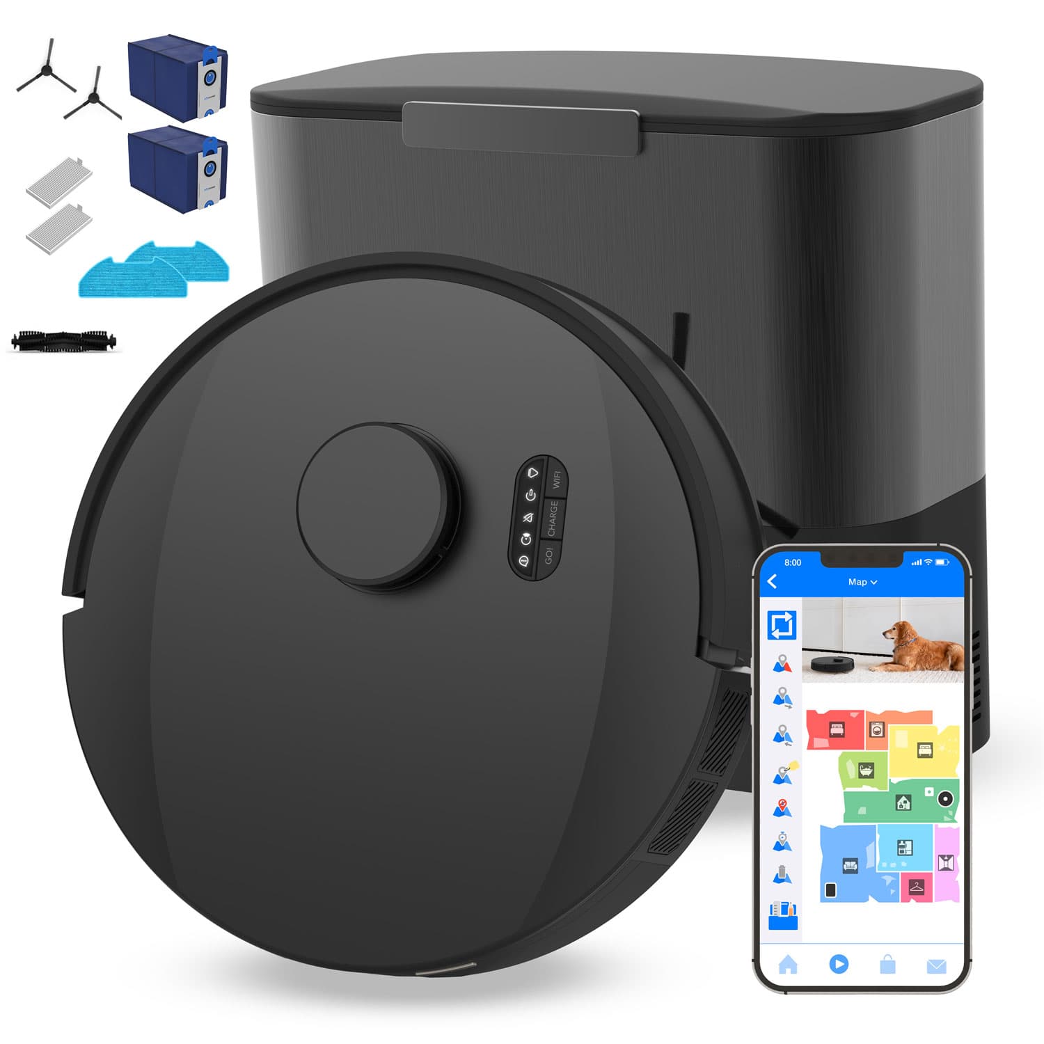 bObsweep UltraVision Robot Vacuum & Mop for Multi-Surface with Self-Emptying Dock, LiDAR, Wi-Fi, 8000Pa - Carbon Steel
