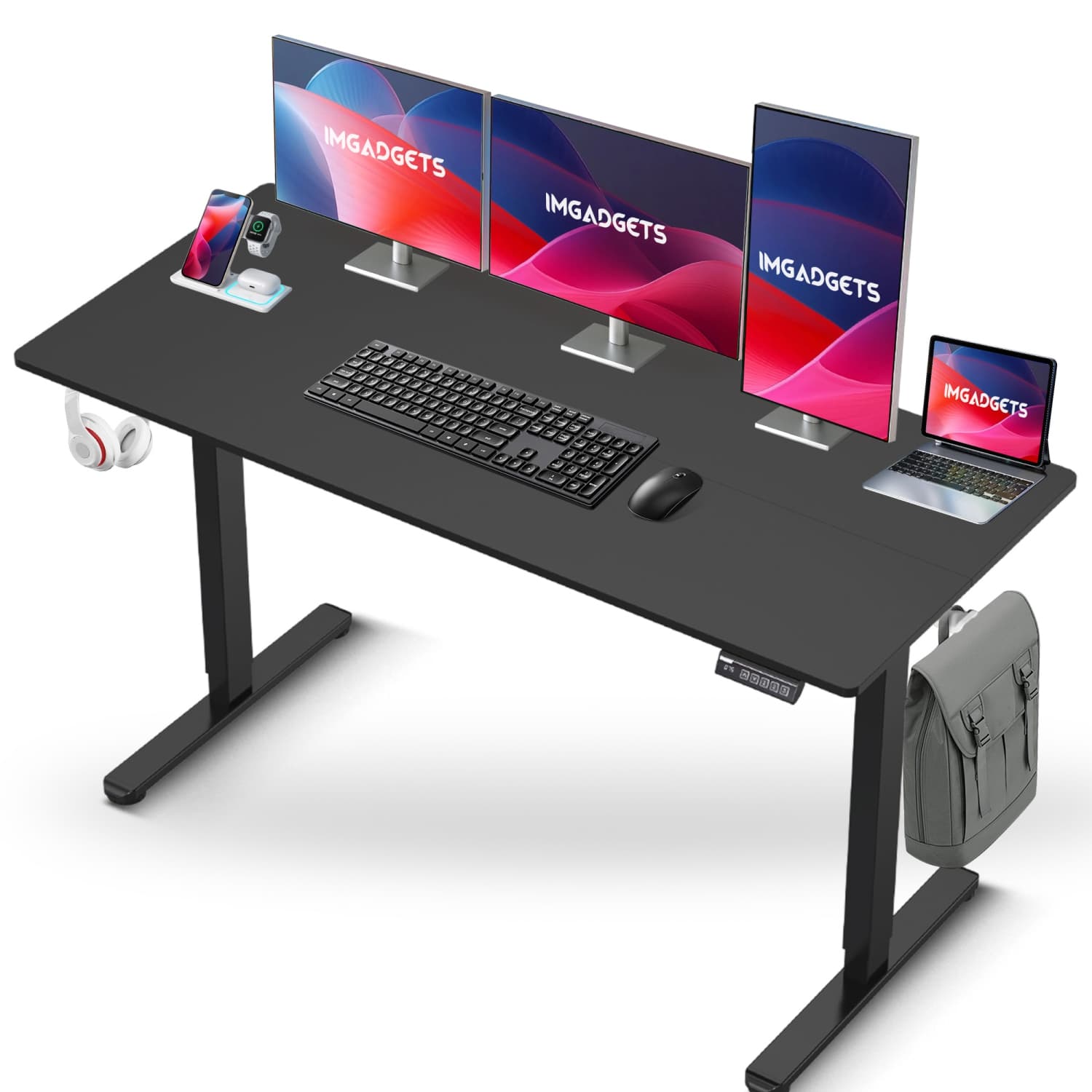 IMGadgets Standing Electric Adjustable Desk | 55'' x 24'' Large Workspace with 2 hooks | Ergonomic Sit-Stand Desk | 3-Memory Settings | Height Adjustable Desk for Work and Home
