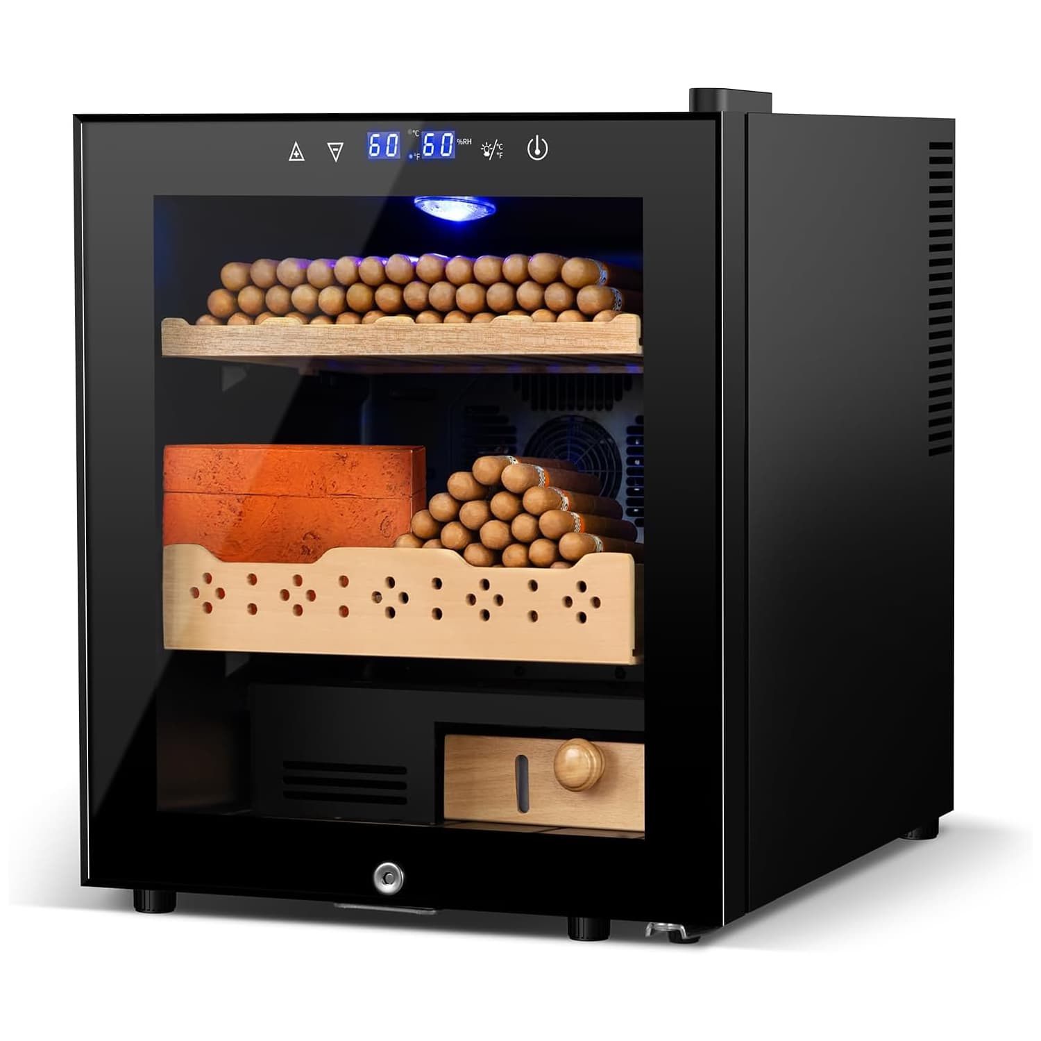 Electric Cigar Humidor, 50L 300 Counts Large Capacity,Thermostatic Cooling Humidor Cabinet with Spanish Cedar Wood Shelves, Digital LED Screen, Safety Lock