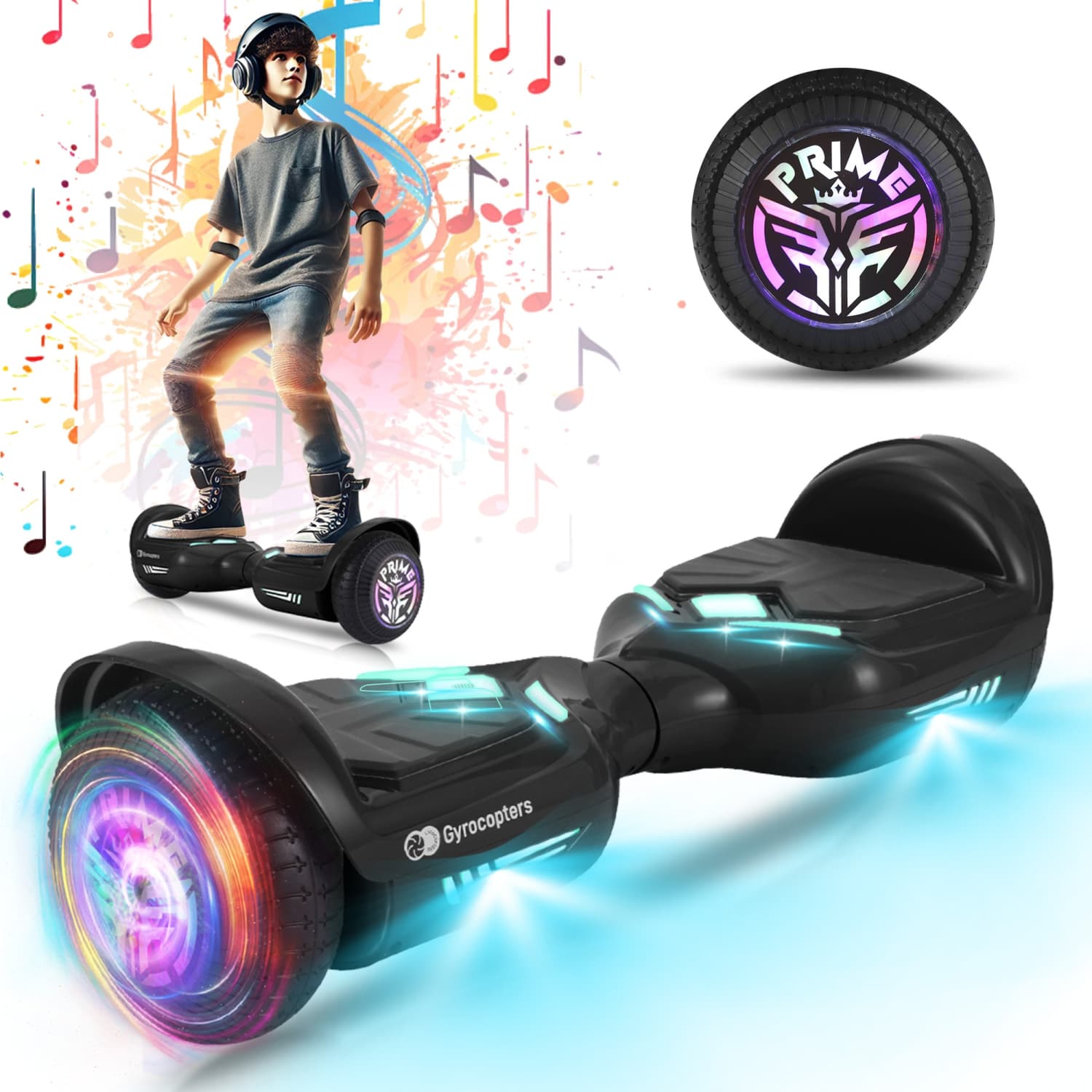 Gyrocopters Prime All-Terrain Hoverboard for Kids | Speed up to 15km/h | 300W Powerful Motor | 6.5” LED wheels | 165lbs weight capacity | UL2272 certified | Range up to 8km (BLACK)
