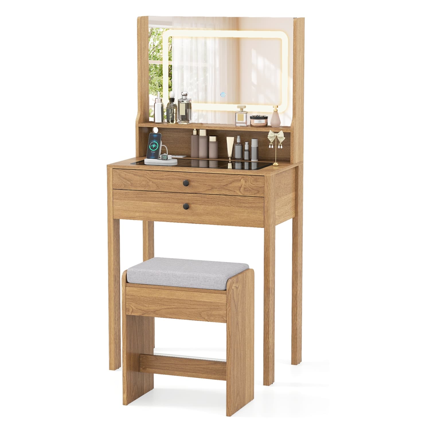 Gymax Small Vanity Desk Makeup Table & Padded Stool Set w/ Charging Station Natural