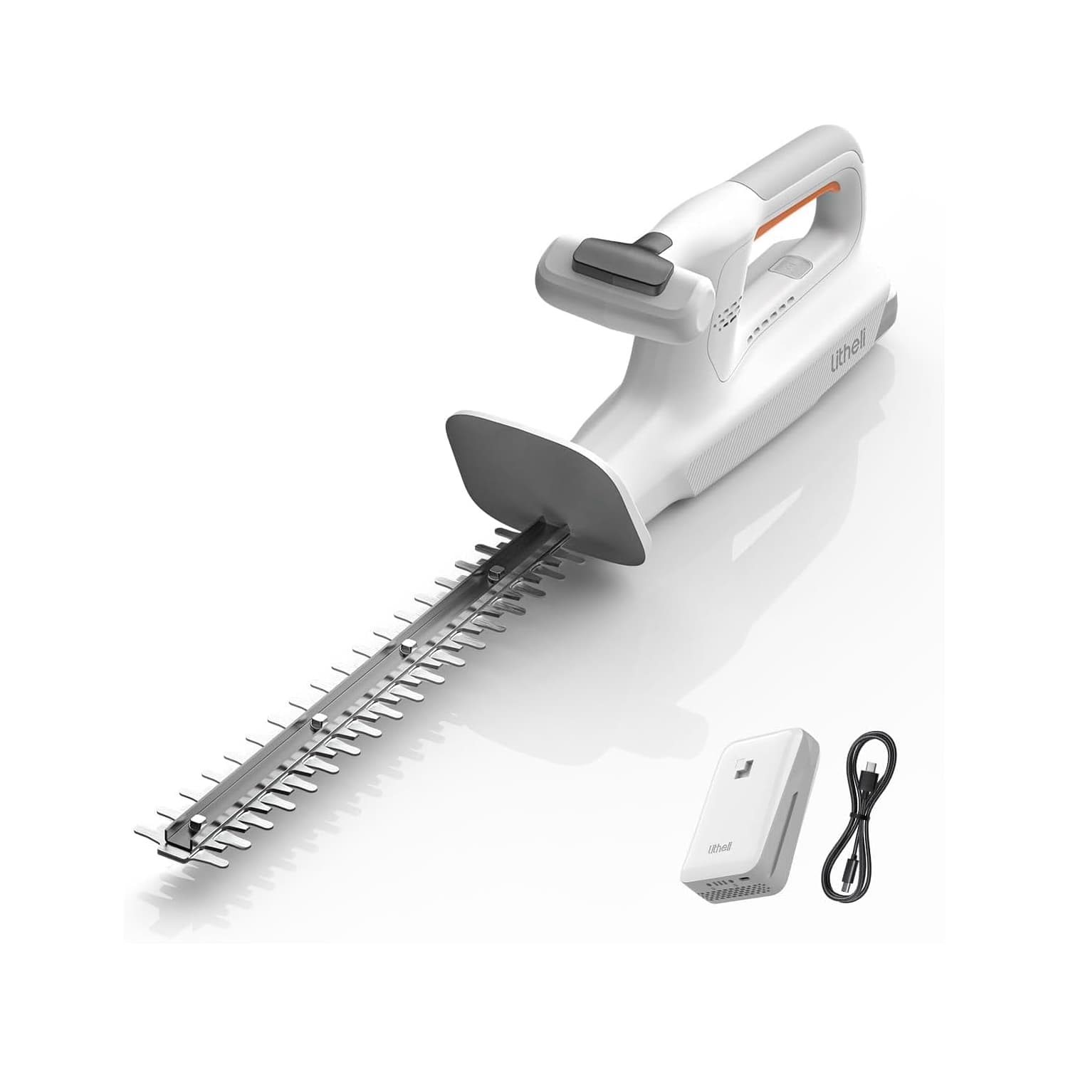 Litheli - 20V 16" Cordless Hedge Trimmer - 3.75lbs Lightweight Design - 5/8" Cut Capacity - Hardened Steel Dual Action Blade - Orange/Black