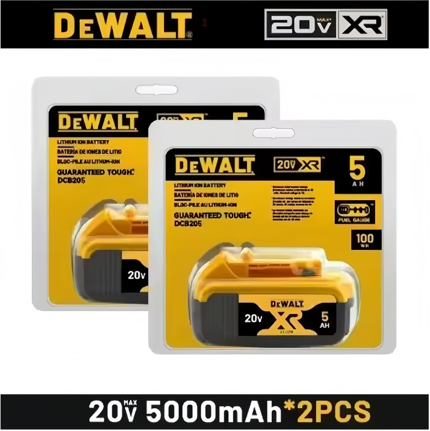 2 Pack Genuine DeWalt DCB184-XE 18V 5.0Ah XR Li-Ion Cordless Battery with Power Gauge