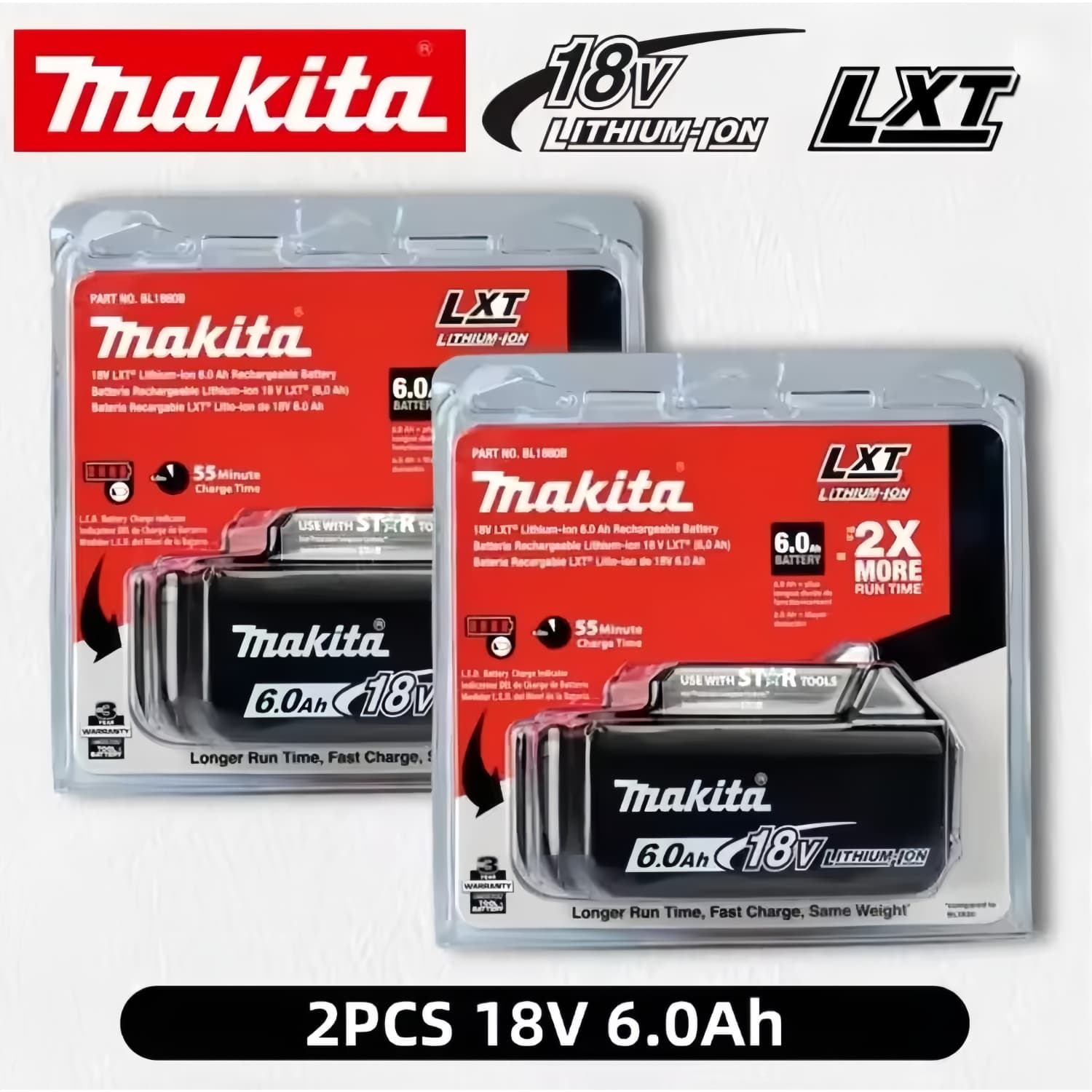 2Pack Makita Genuine 18V 6.0Ah Battery BL1850B LXT LI-ION
