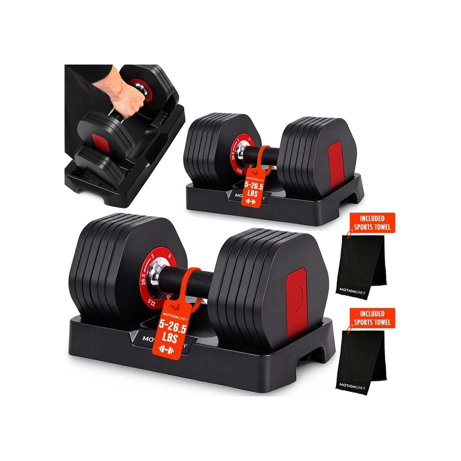 MotionGrey Adjustable Dumbbell Set of 2 – 26.5 lb (12 kg) Each, 6 Weight Settings, Quick-Adjust Dial, Anti-Slip Handles & Storage Trays for Home Gym Strength Training