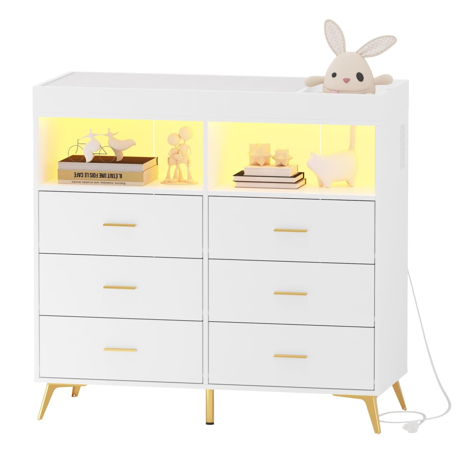 Garvee Modern 6-Drawer Baby Changing Table Dresser – LED Light, Power Outlet, Removable Top, Metal Feet, Nursery Organizer