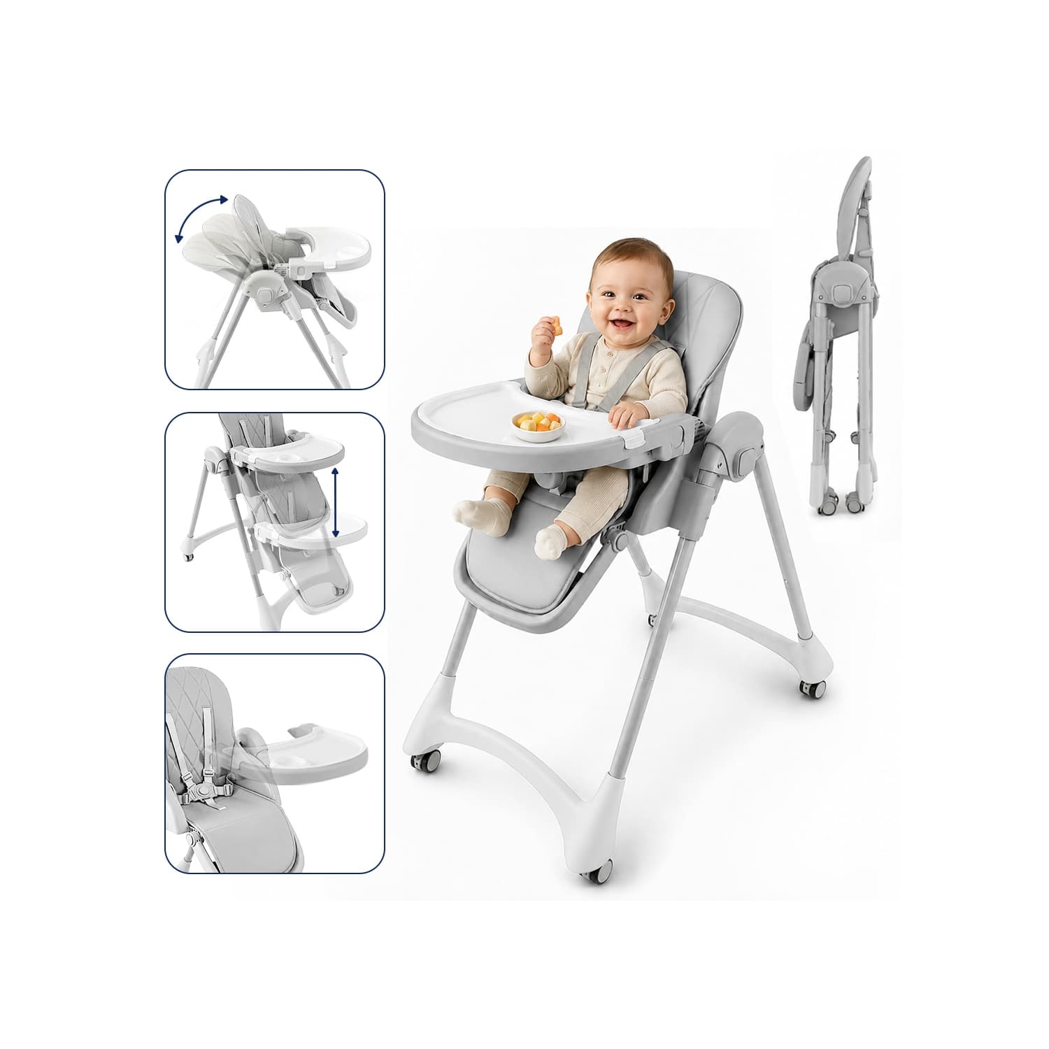 MotionGrey Blessy Dream Baby Adjustable High Chair, Foldable with Easy to Clean Removable Double Trays & Safety Straps Feeding Chair, Includes Seat Cover, Lockable Wheels-Grey