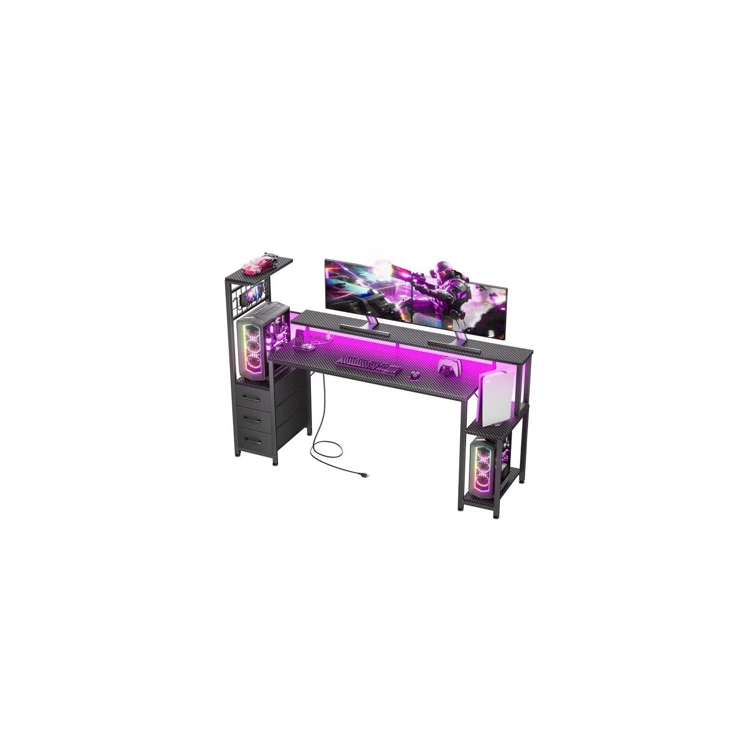 Glozzt 63 Inch Gaming Desk with Power Outlets Fabric Drawers CPU Stand LED Lights Hooks for Home Office Carbon Fiber Black