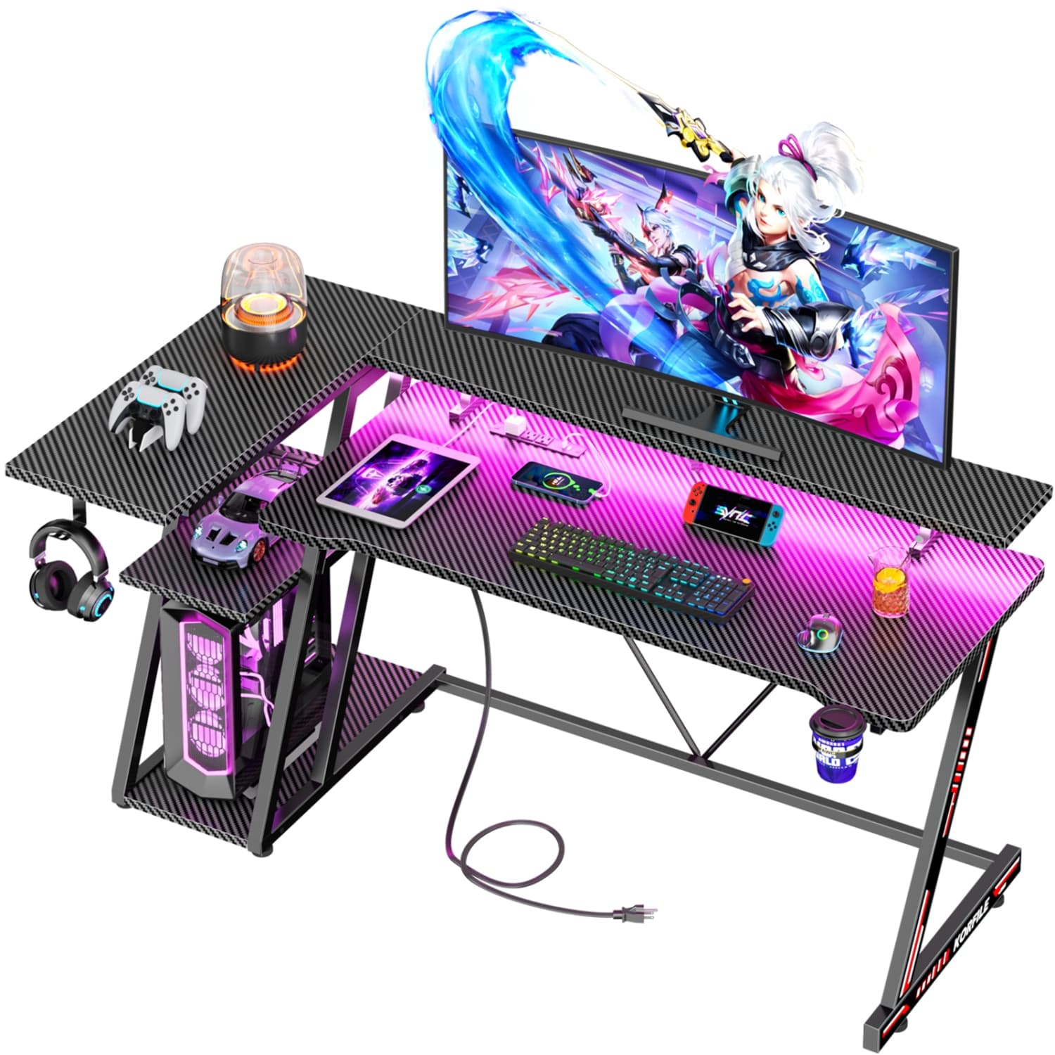 Glozzt 55 In Gaming Desk with Monitor StandCPU StandPower OutletLED LightHome Office Desk with Cup HolderHeadphone Hook Carbon Fiber Black