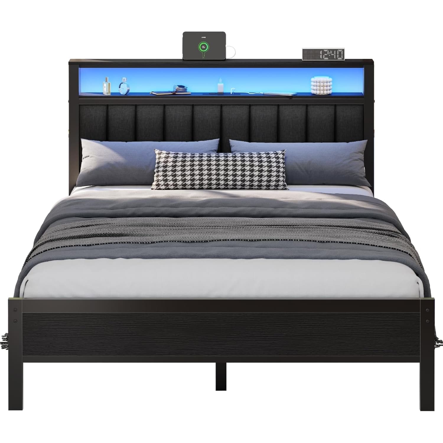 Glozzt Queen Bed Frame with Charging Station LED Lights Upholstered Headboard 2-Tier Storage Shelve Black