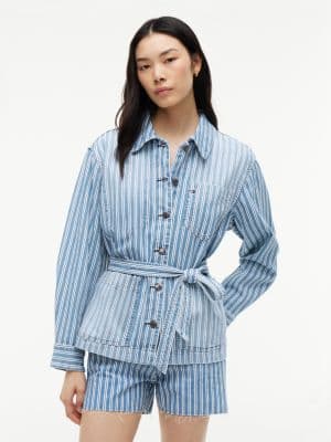 Railroad Stripe Belted Denim Jacket
