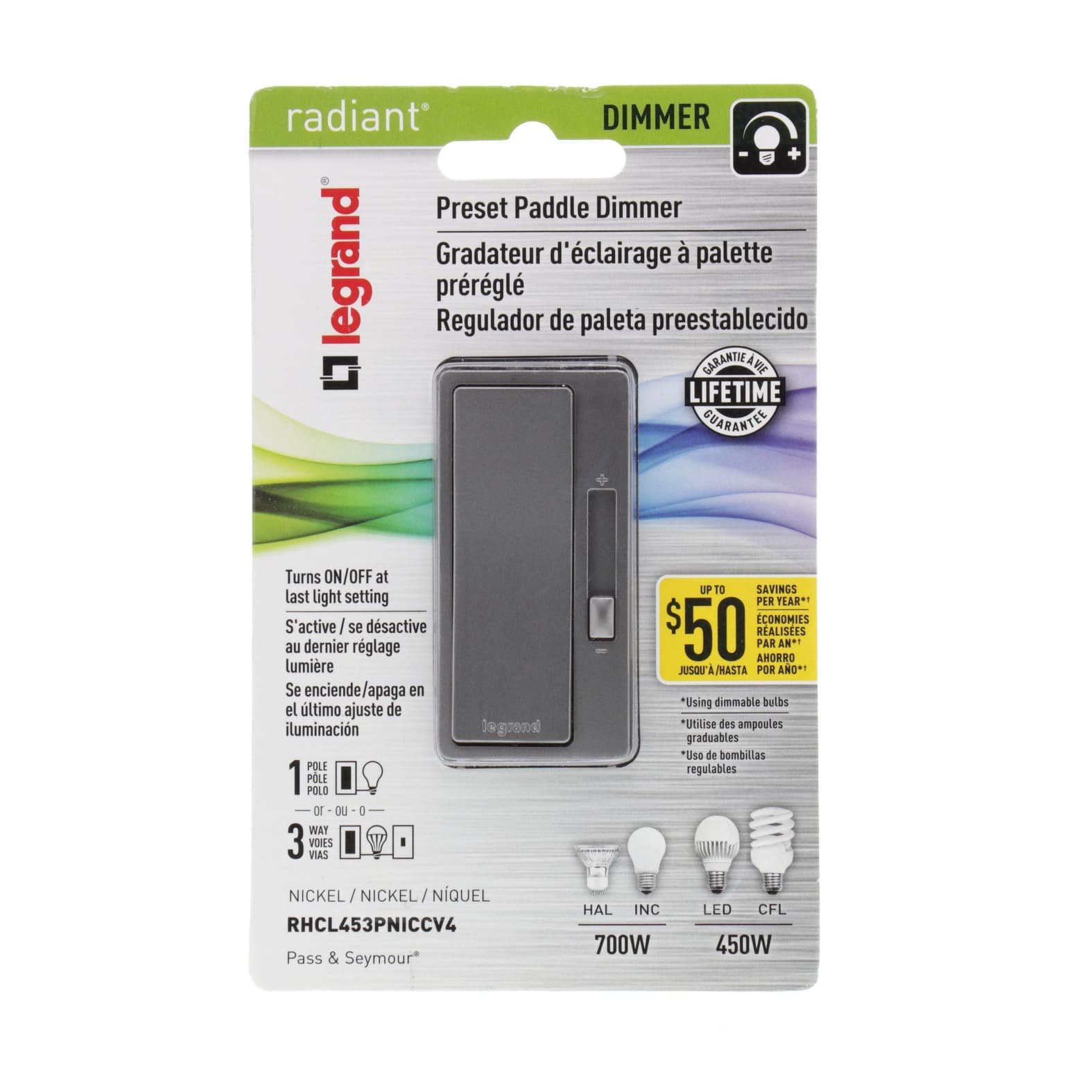 Legrand RHCL453PNI Radiant Preset LED & CFL Paddle Dimmer, 700 W Incandescent/Halogen, 450 W LED/CFL, Nickel