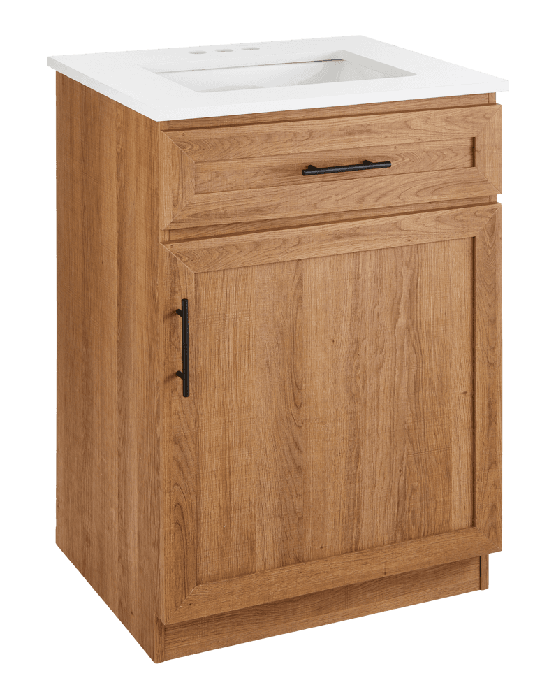 CANVAS Danville Single Door Single Sink Stone Top Bathroom Vanity, Honey Oak, 24-in