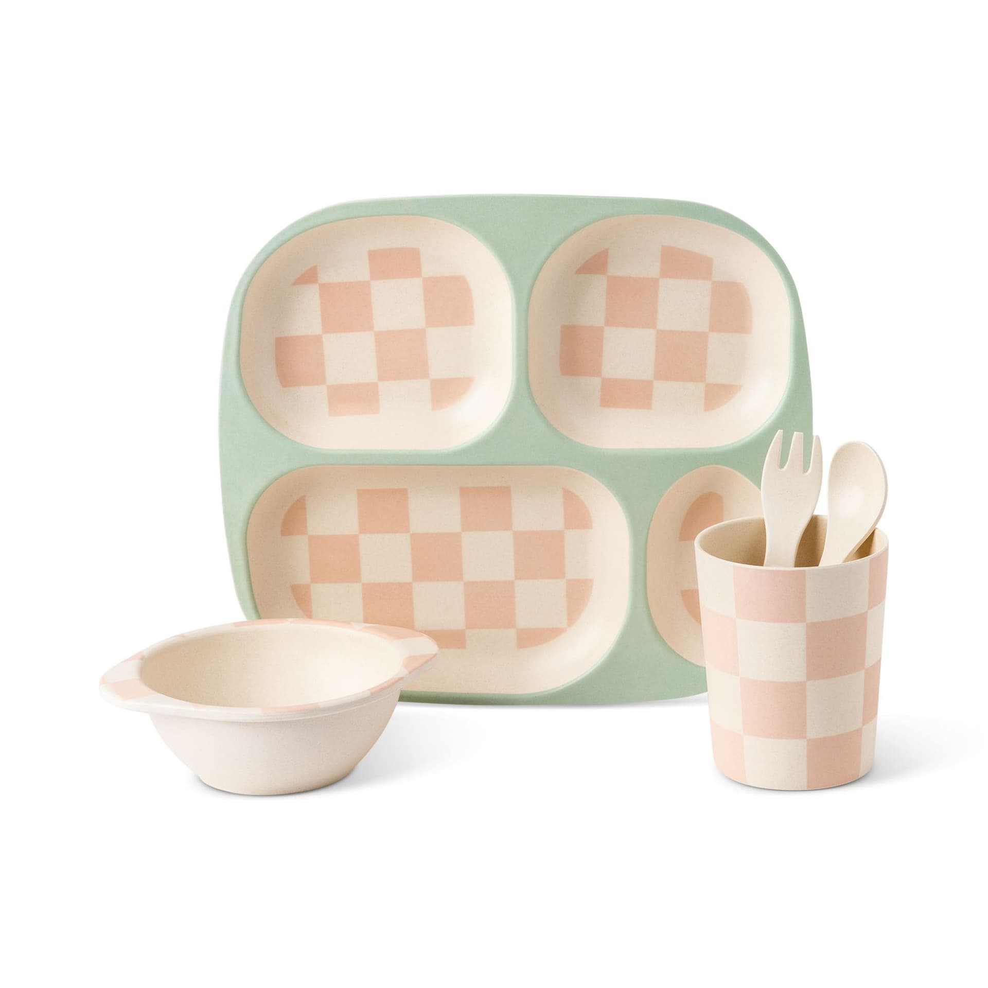 Manna Kids' Bamboo Fiber Dinnerware Set, Pink Check, 5-pc