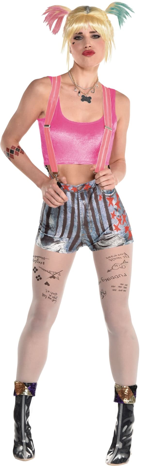 Women's DC Birds of Prey Harley Quinn Pink Outfit with Shirt/Shorts/Tights/Suspenders Halloween Costume, Assorted Sizes