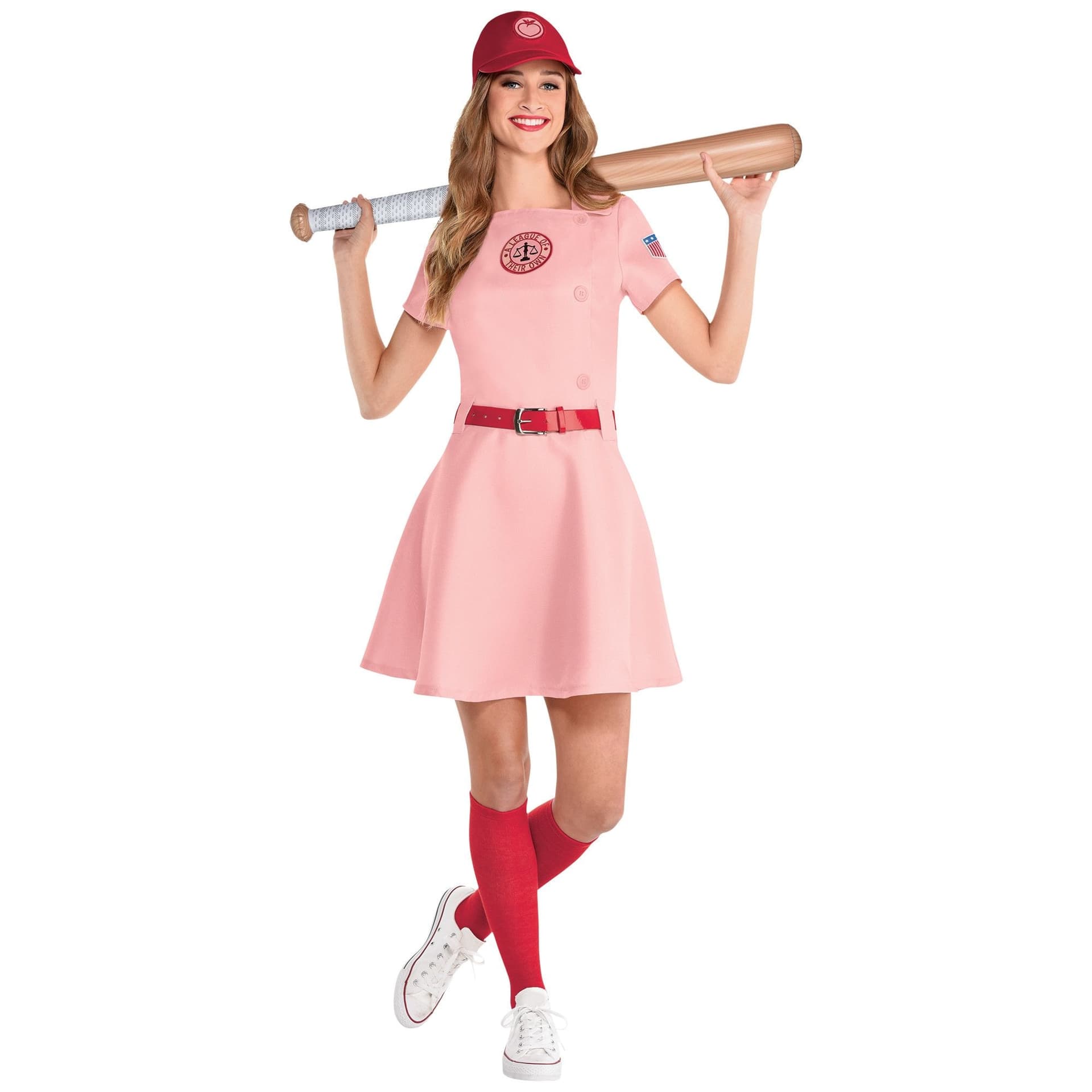 Women's A League of Their Own Rockford Peaches Pink Dress with Hat & Socks Halloween Costume, Assorted Sizes