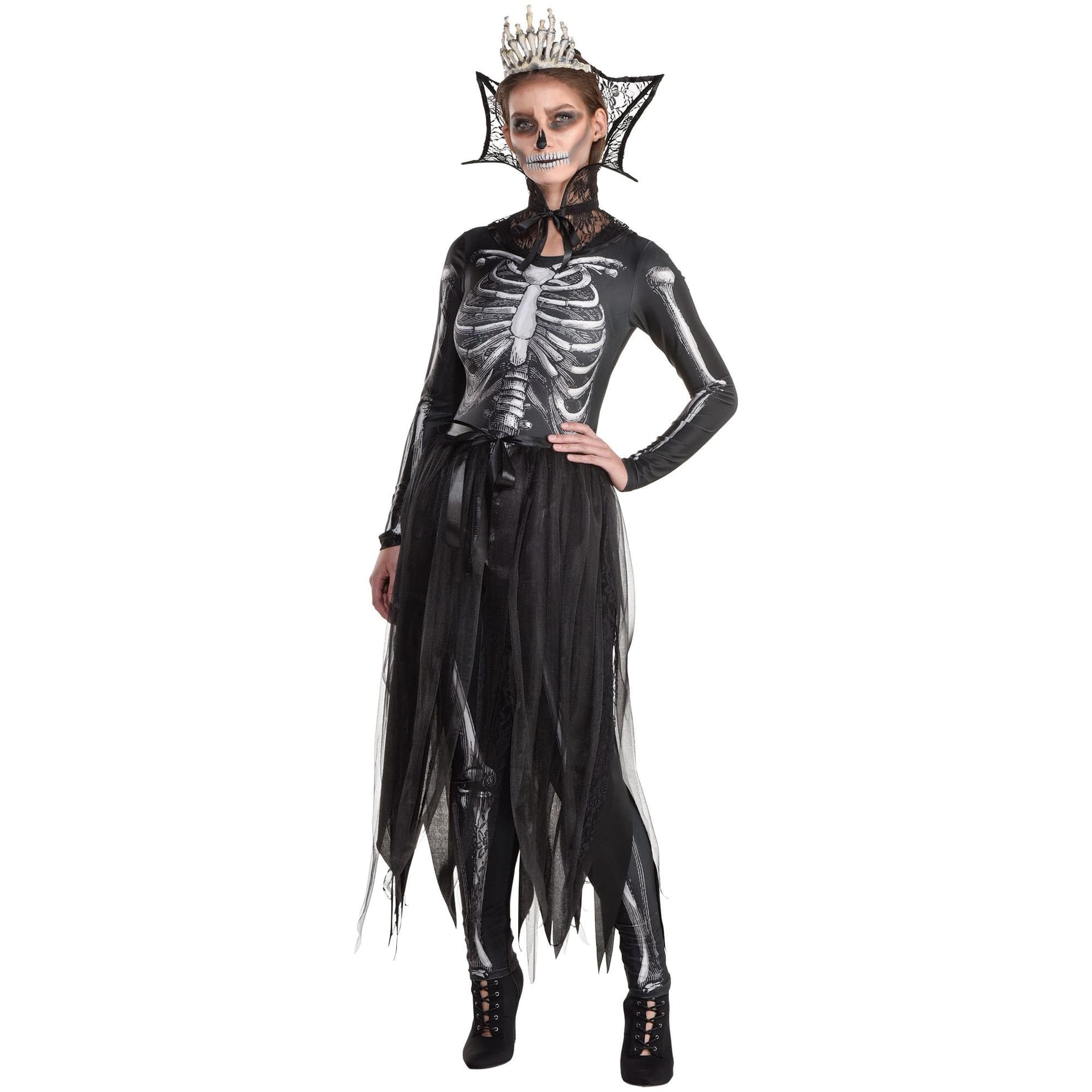 Women's Gothic Skeleton Queen Black/White Jumpsuit with Crown Halloween Costume, Assorted Sizes