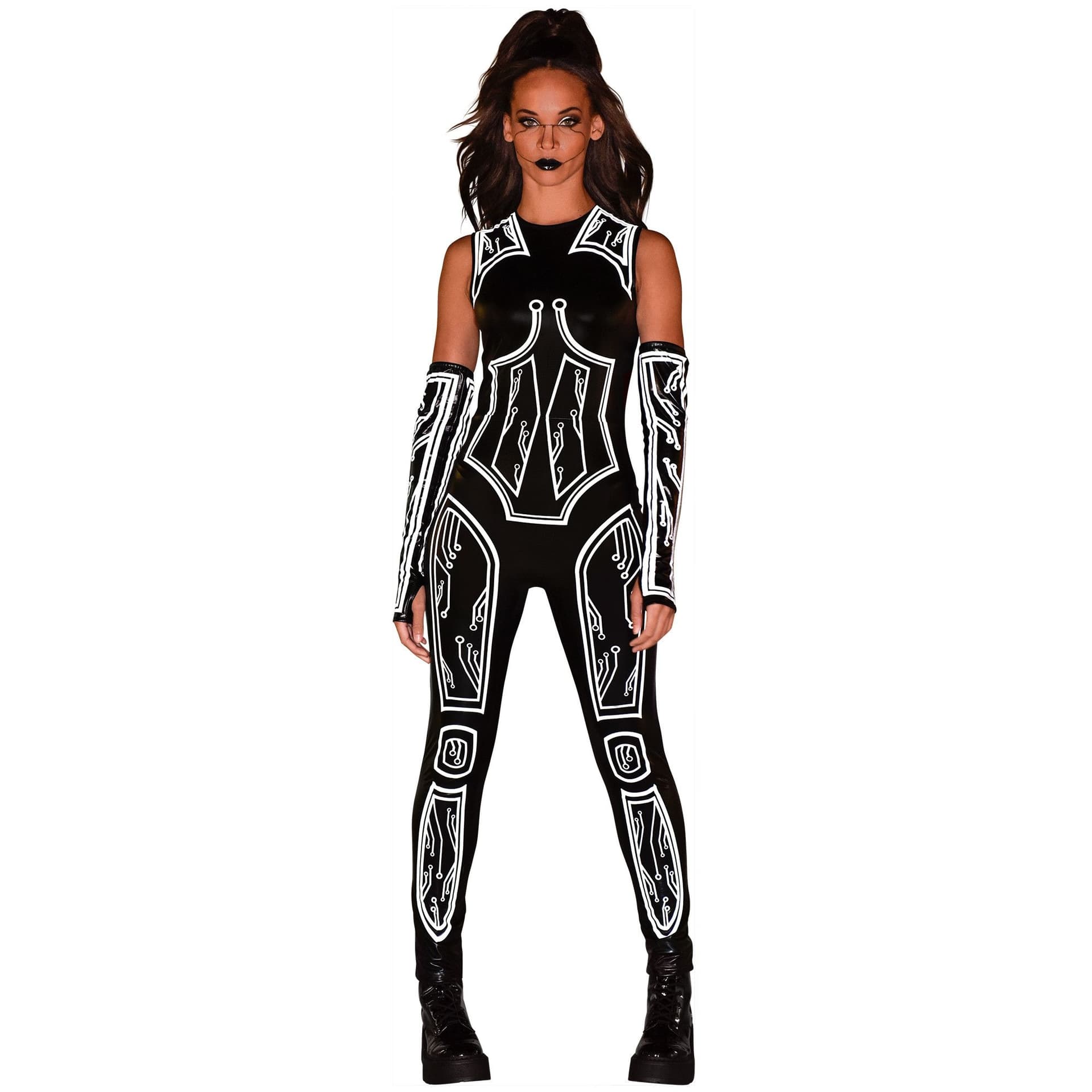 Women's Cyberpunk Reflective Catsuit, Black/Silver, Assorted Sizes, Wearable Costume Accessory for Halloween
