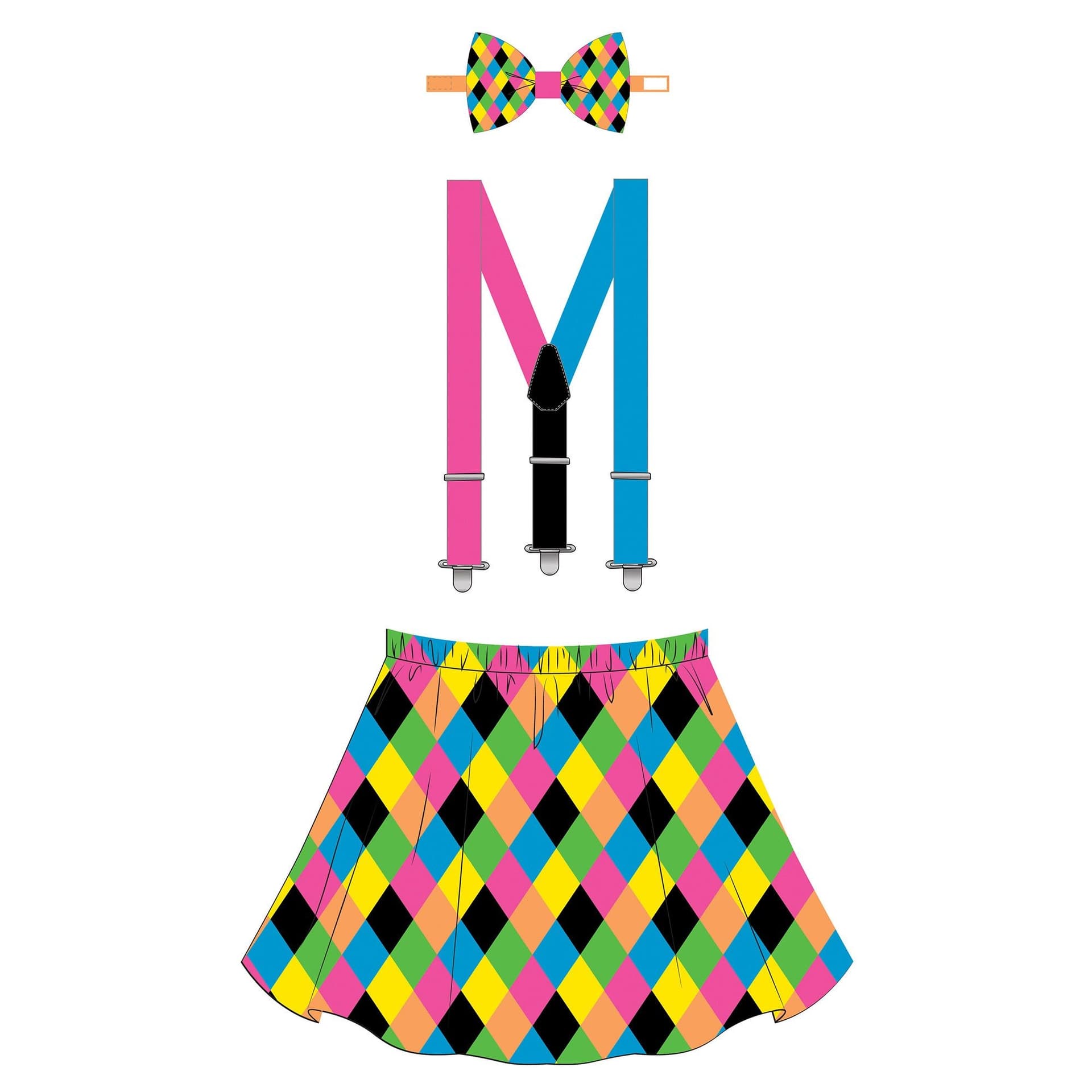 Clown Circus Skater Skirt with Suspender Set, Neon Multi-Coloured Diamond, One Size, 3-pk, Wearable Costume Accessories for Halloween