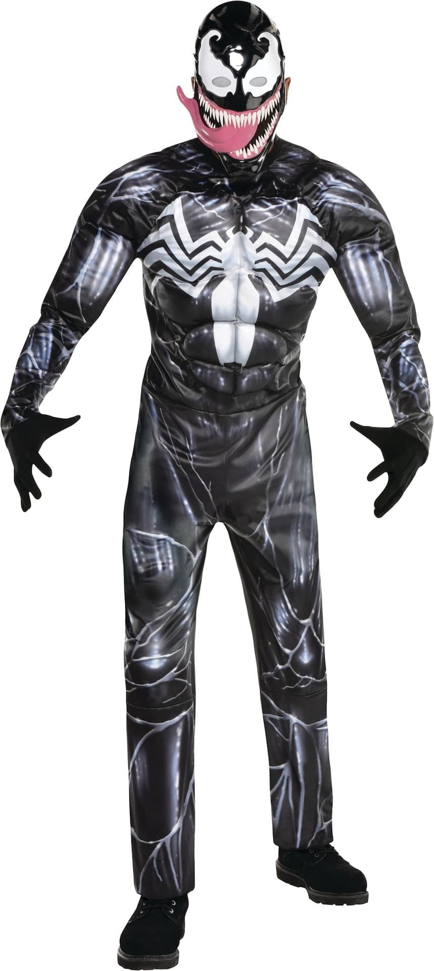 Men's Disney Marvel Spider-Man Venom Black/White Padded Jumpsuit with Mask Halloween Costume, Assorted Sizes