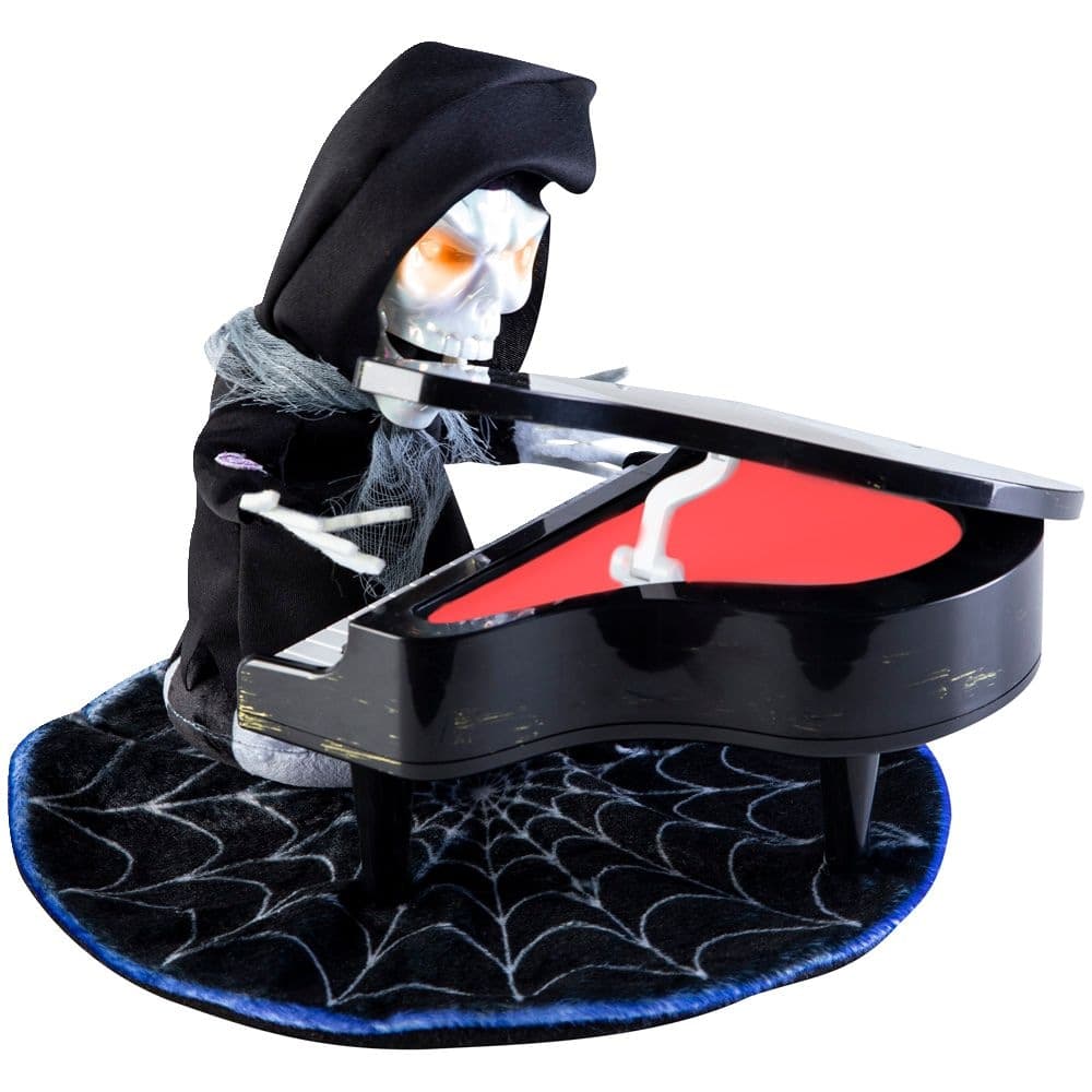 Grim Reaper Skeleton Animated LED Light-Up Tabletop Piano Player with Batteries, Black/Red, 11 3/8-in, Sound & Light Activated Indoor Decoration for Halloween