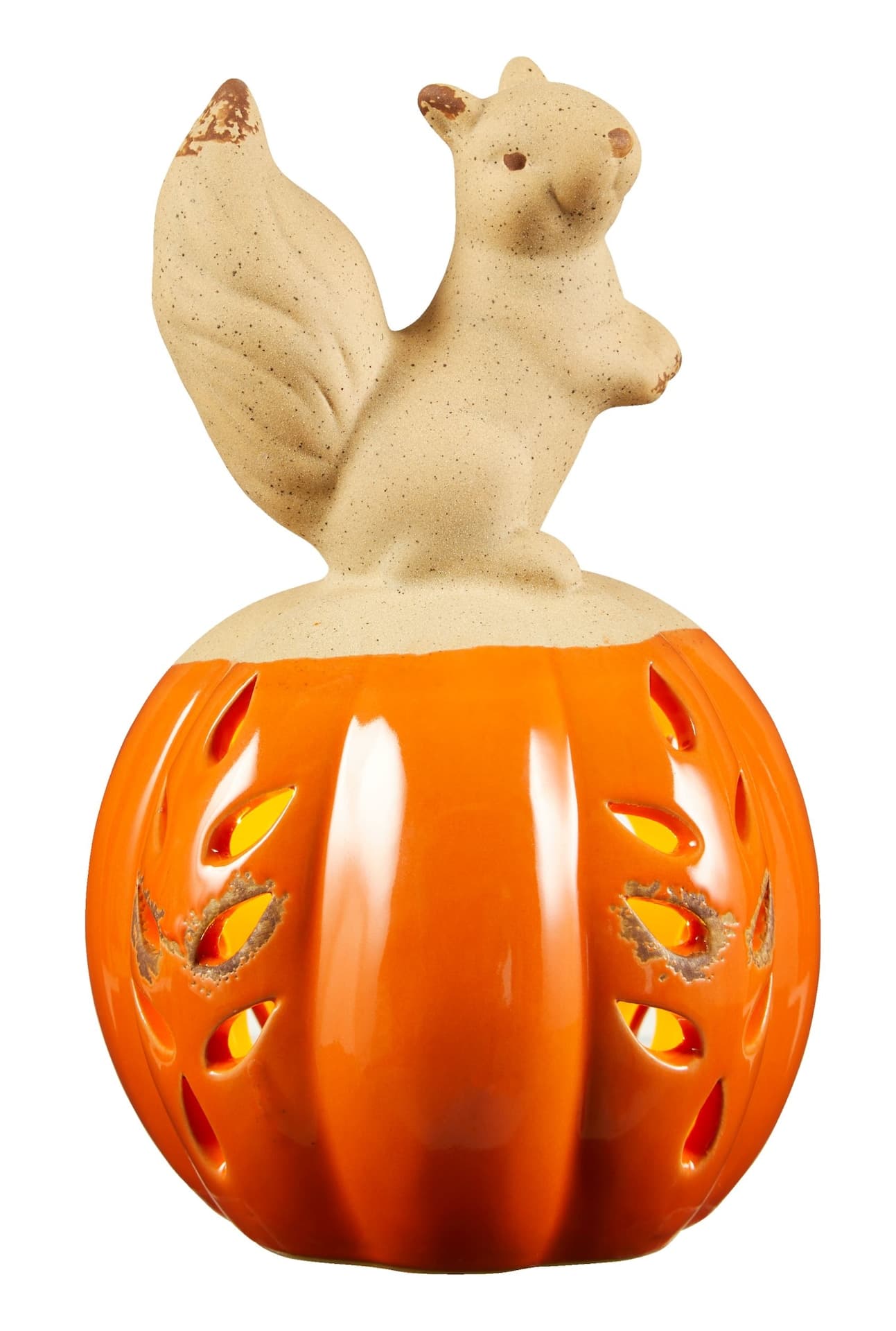 CANVAS Squirrel LED Light-Up Ceramic Pumpkin with Batteries, Orange/White, 7.5-in, Indoor Decoration for Fall