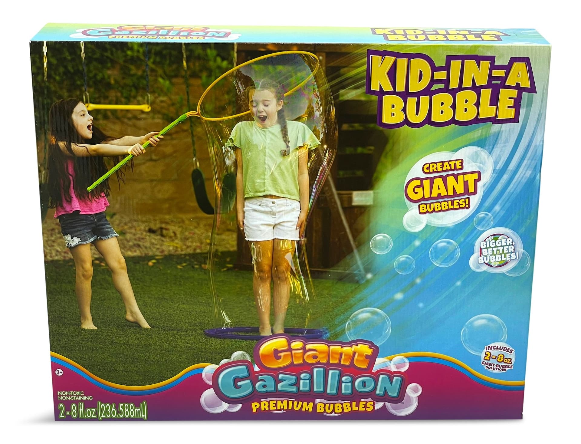 Gazillion Kid-In-A-Bubble Giant Wand Bubble Blower Maker Toy with Solution & Tray, Clear, 8-oz, Ages 3+, for Summer/Backyard Activities