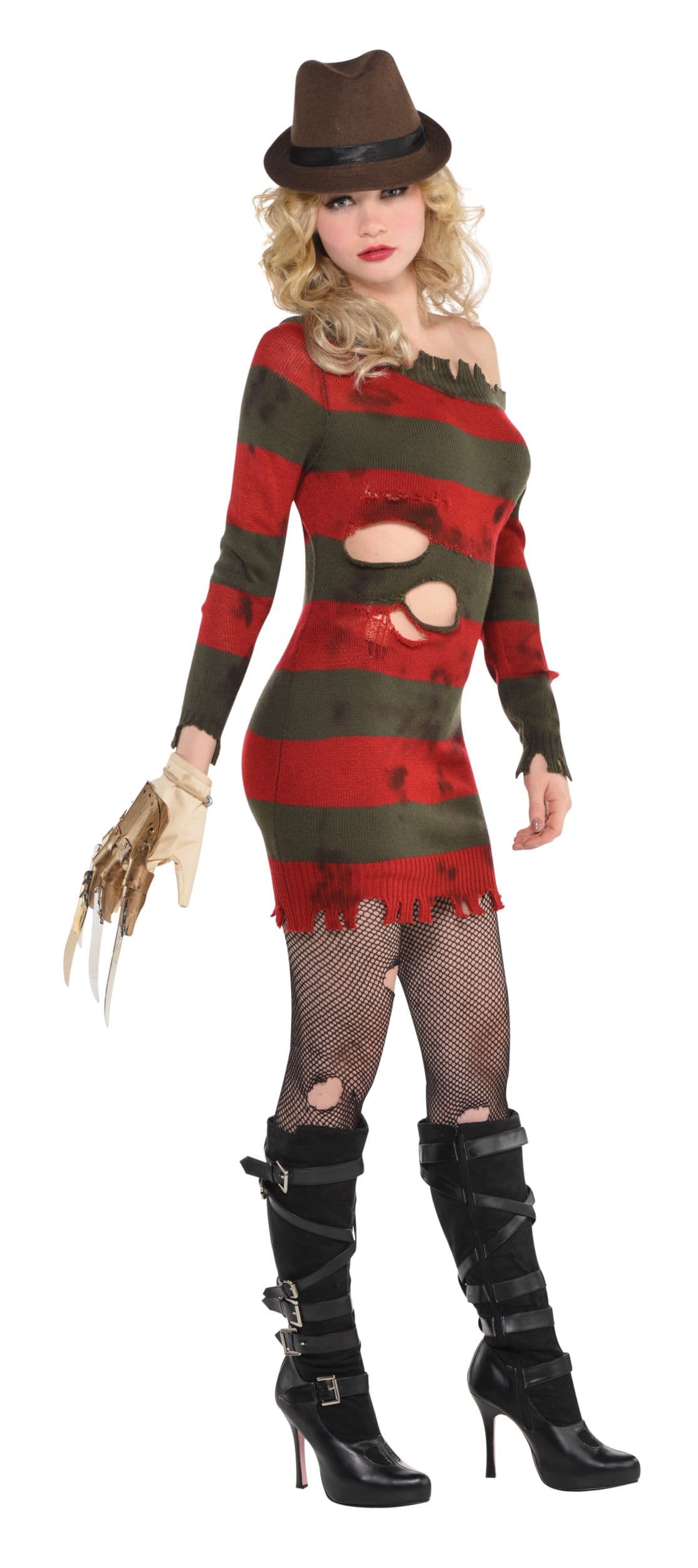 Women's A Nightmare on Elm StreetFreddy Krueger Black/Red Striped Dress with Hat & Gloves Halloween Costume, Assorted Sizes